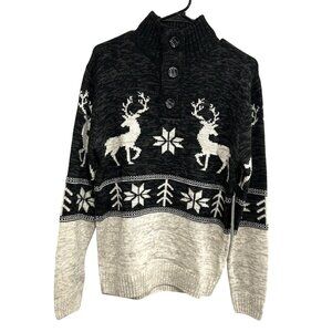 Amongst Others Reindeer Pattern Sweater Black Beige Button Collar Sz Medium
